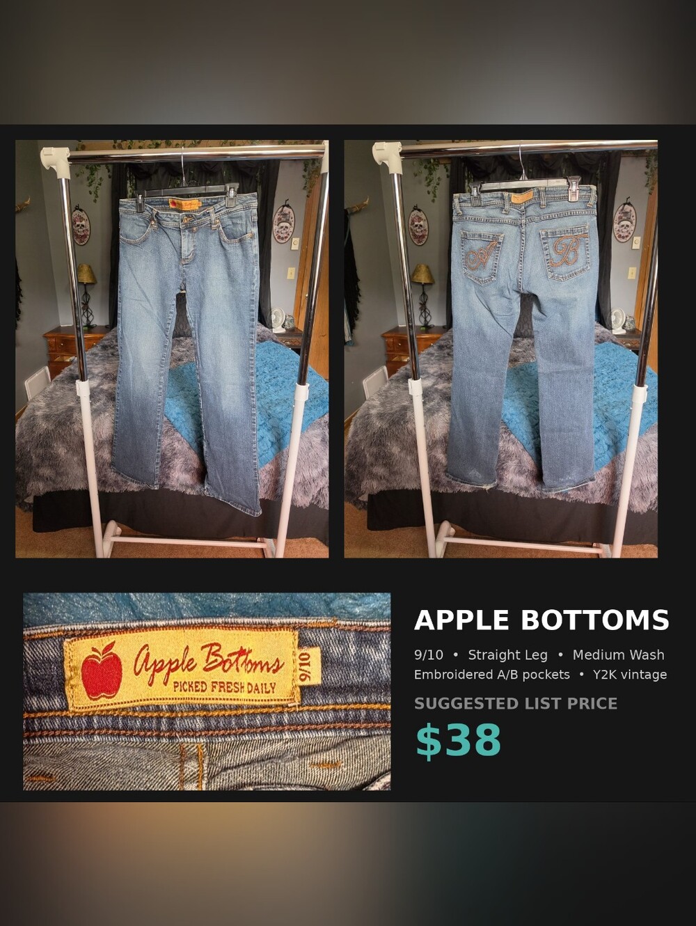 Apple Bottoms Women's 9/10 Straight Leg Jeans Medium Wash Embroidered A/B Pocket